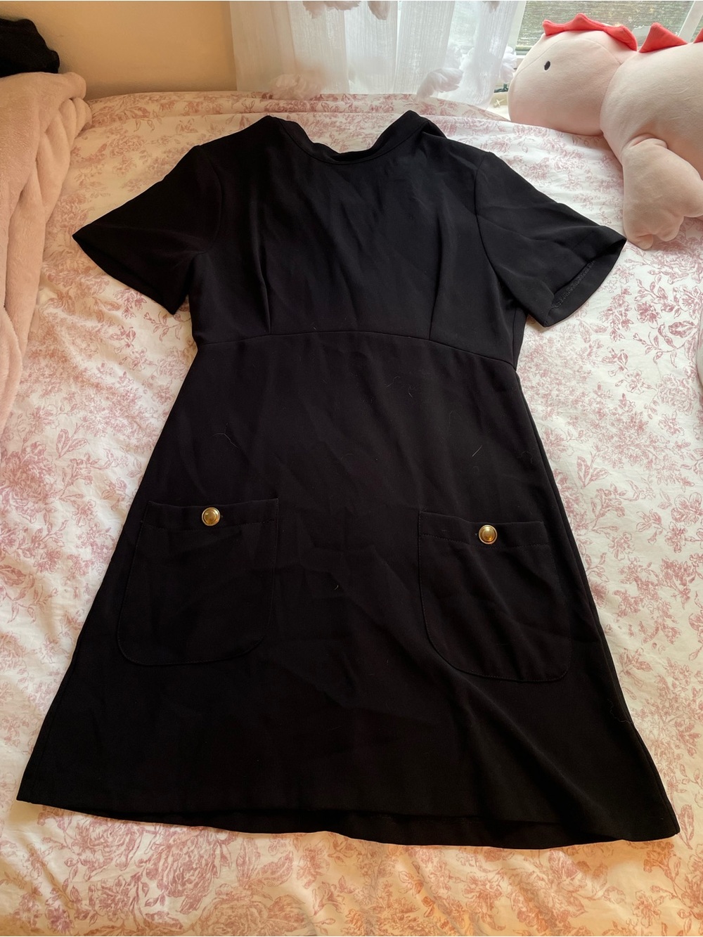 Zara Black Short-Sleeve A-Line Dress with Gold Buttons
